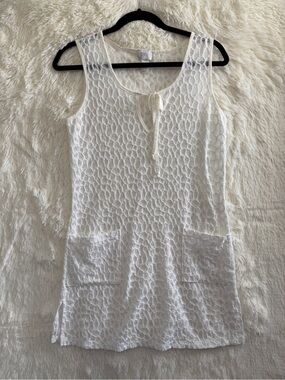 Vintage Donna Womens Lace Crochet Tank Dress M White Beach Coverup Swim Pockets